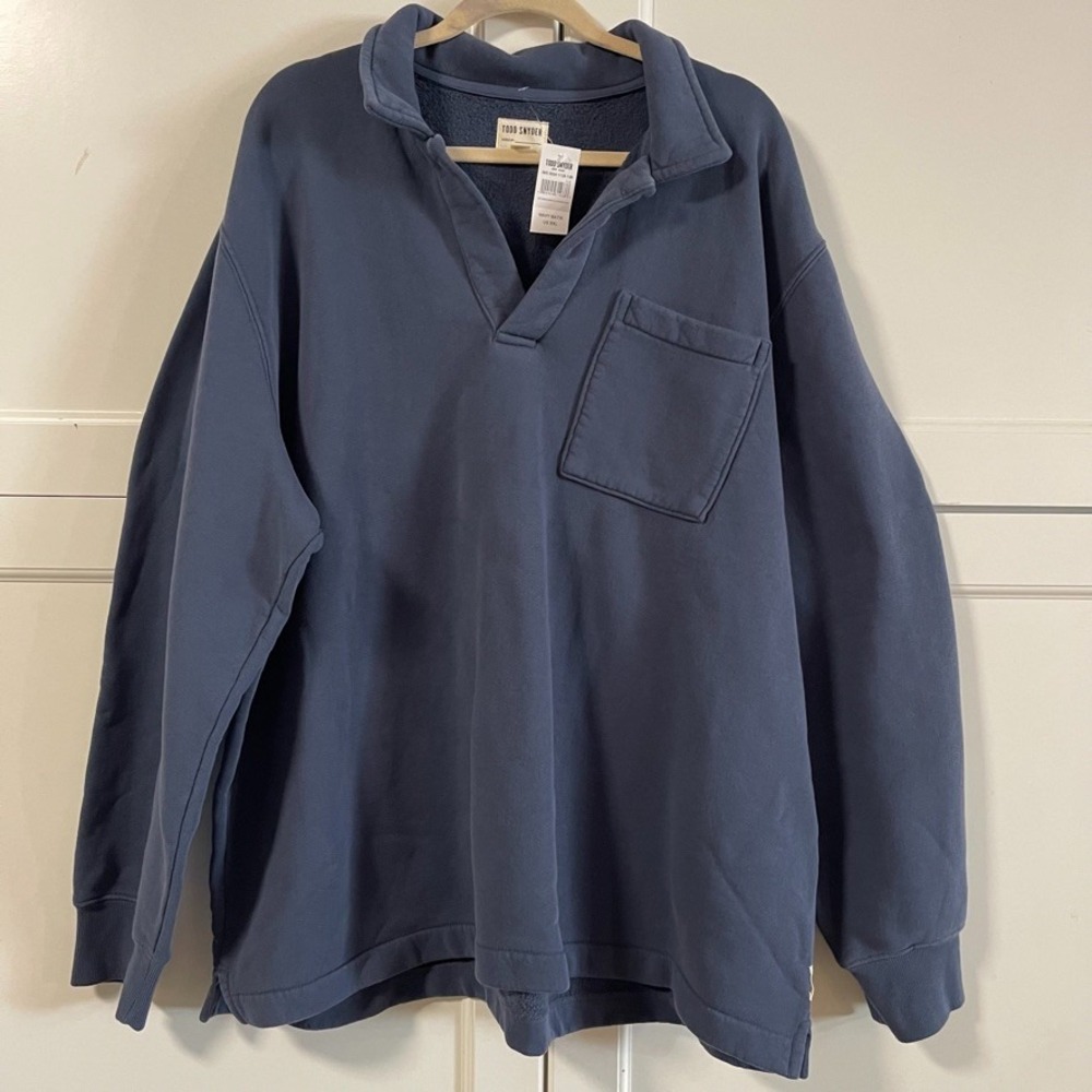 Todd Snyder Mens Batik Fleece Polo Sweatshirt XXL Navy Blue Made in USA